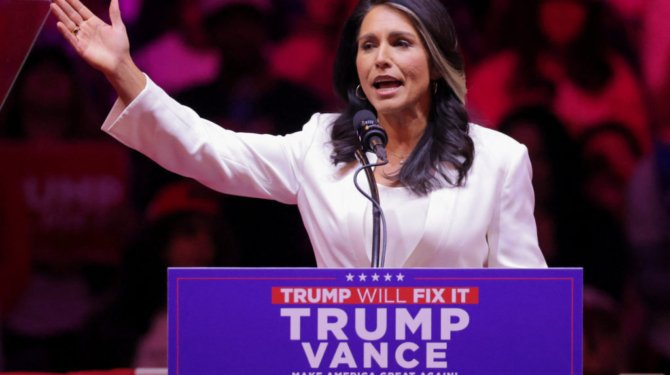 Tulsi Gabbard speaks during a rally for Republican presidential nominee and former U.S. President Donald Trump at Madison Square Garden, in New York, U.S., October 27, 2024. REUTERS/Andrew Kelly